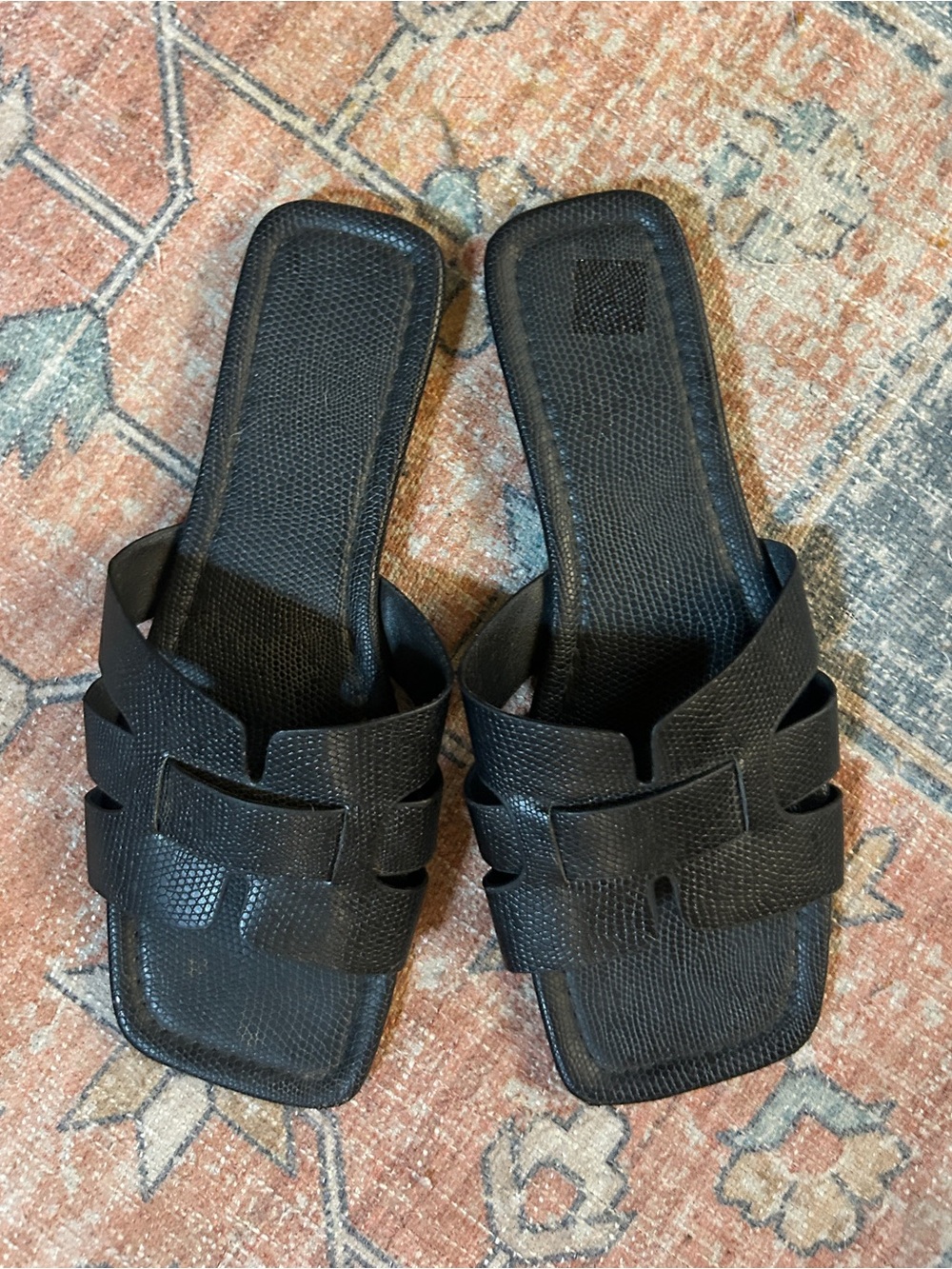 Black Flat Square Toe Faux Lizard Embossed Sandals